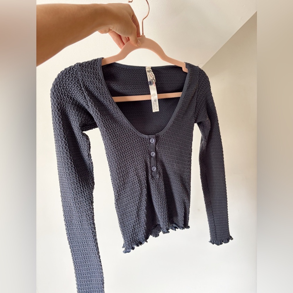 Free People Navy Textured Long Sleeve Button up Low Scoop Neckline